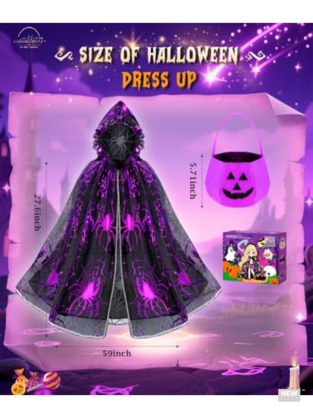 Girls Light Up Witch Cape Halloween Costume Set with Trick or Treat Bag - Picture 4 of 6